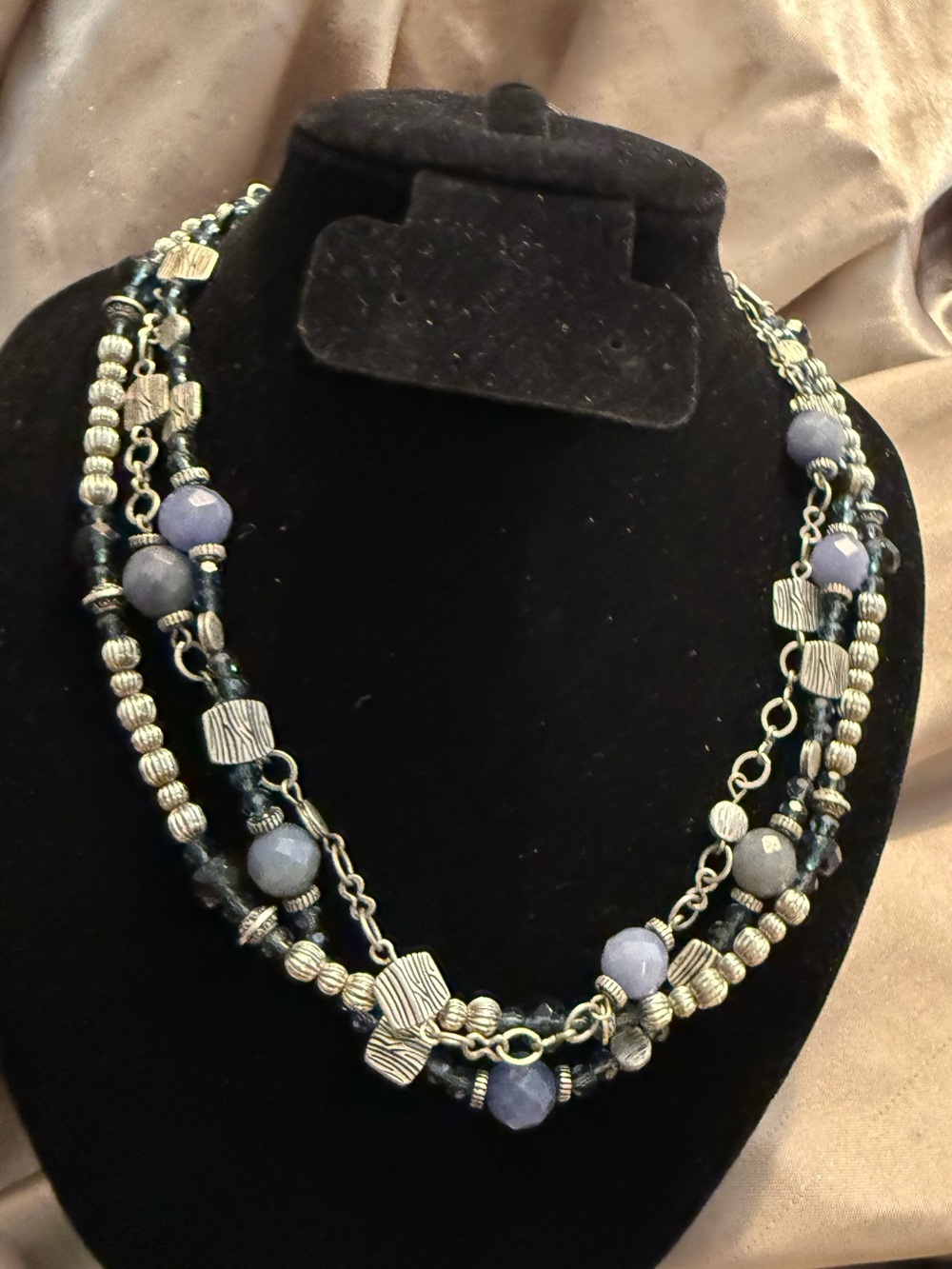 Premier Designs triple strand necklace with gray/silver & blue beads